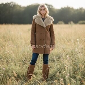 VTG 1970s Suede Leather Coat S Faux Shearling Collar Double Breasted Penny Lane